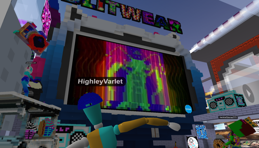 The Cryptovoxels space for the Blitwear launch party, screen grab by Blitamp artist Varley.