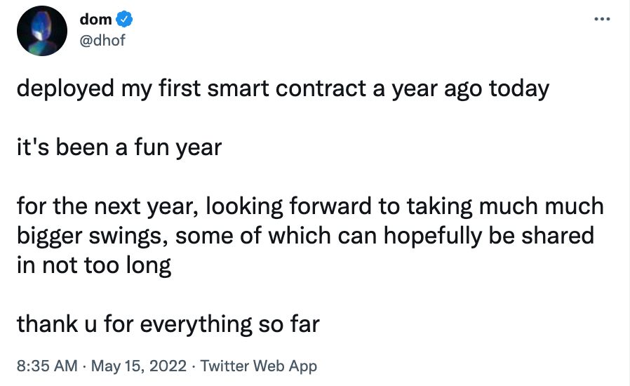 Hofmann's tweet on May 15, 2022 commemorating the year after deploying his first Solidity contract. 